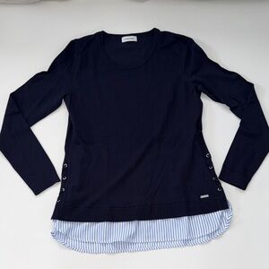 Calvin Klein Navy Long Sleeve Top with Striped Hem
